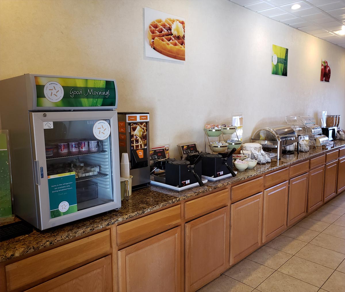 Counter with coffee, tea, and breakfast items